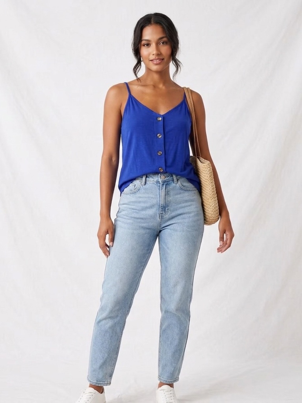 Blue Button-Front Spaghetti Strap Tank Top